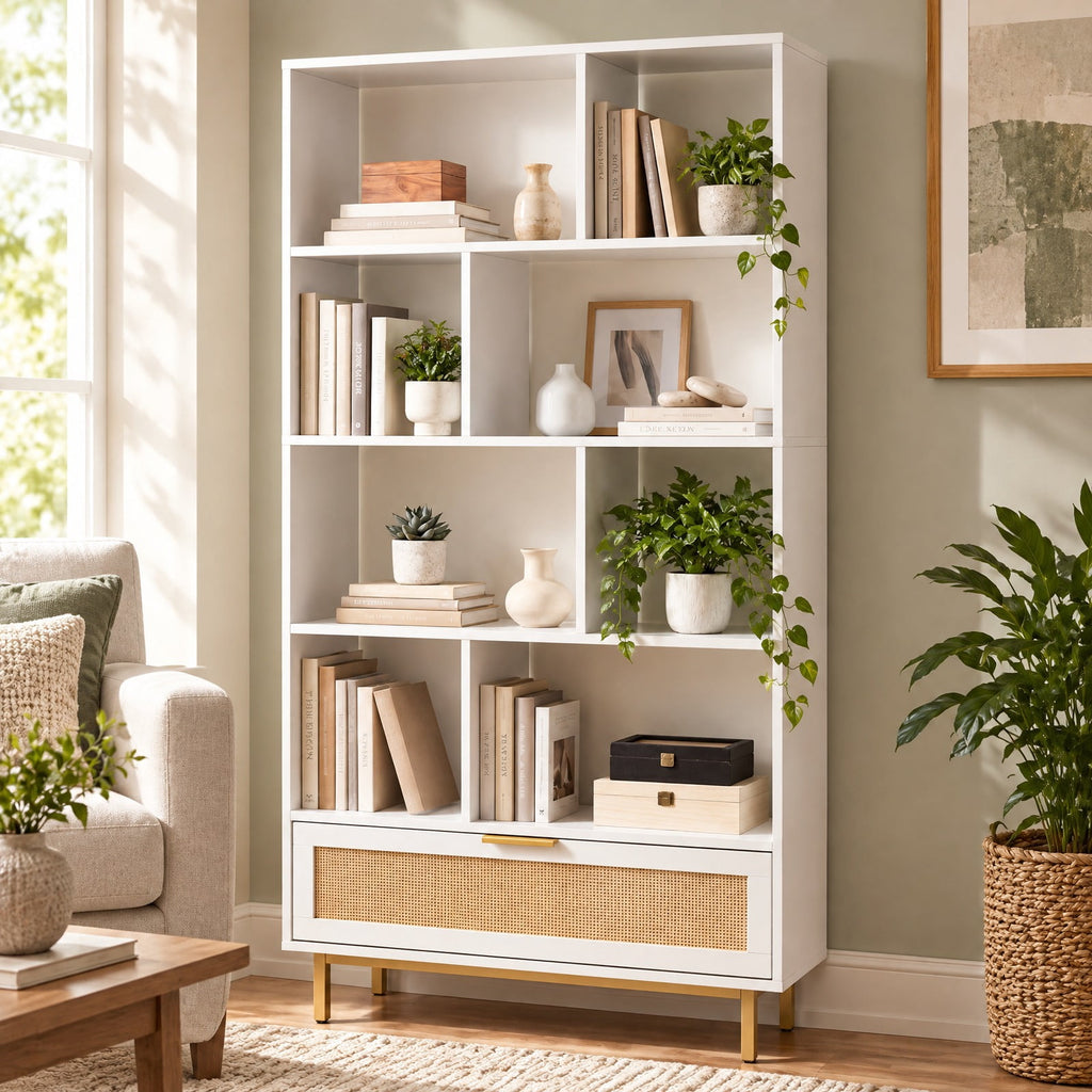 Airfind 64 inch 6-Tier Tall Wooden Bookcase with 8 Open Cubes, 33 lbs Capacity, Engineered Wood Metal Frame, 33in x 12in x 64in Footprint, White