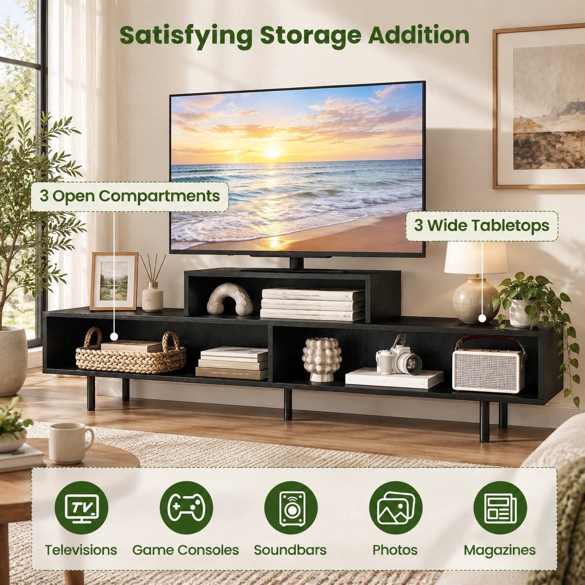 Airfind 3 Cubby TV Stand for TVs up to 70 Inch Entertainment Center with Open Storage Compartments, 155 lbs Capacity, 63 Inch x 12 Inch x 18 Inch Footprint