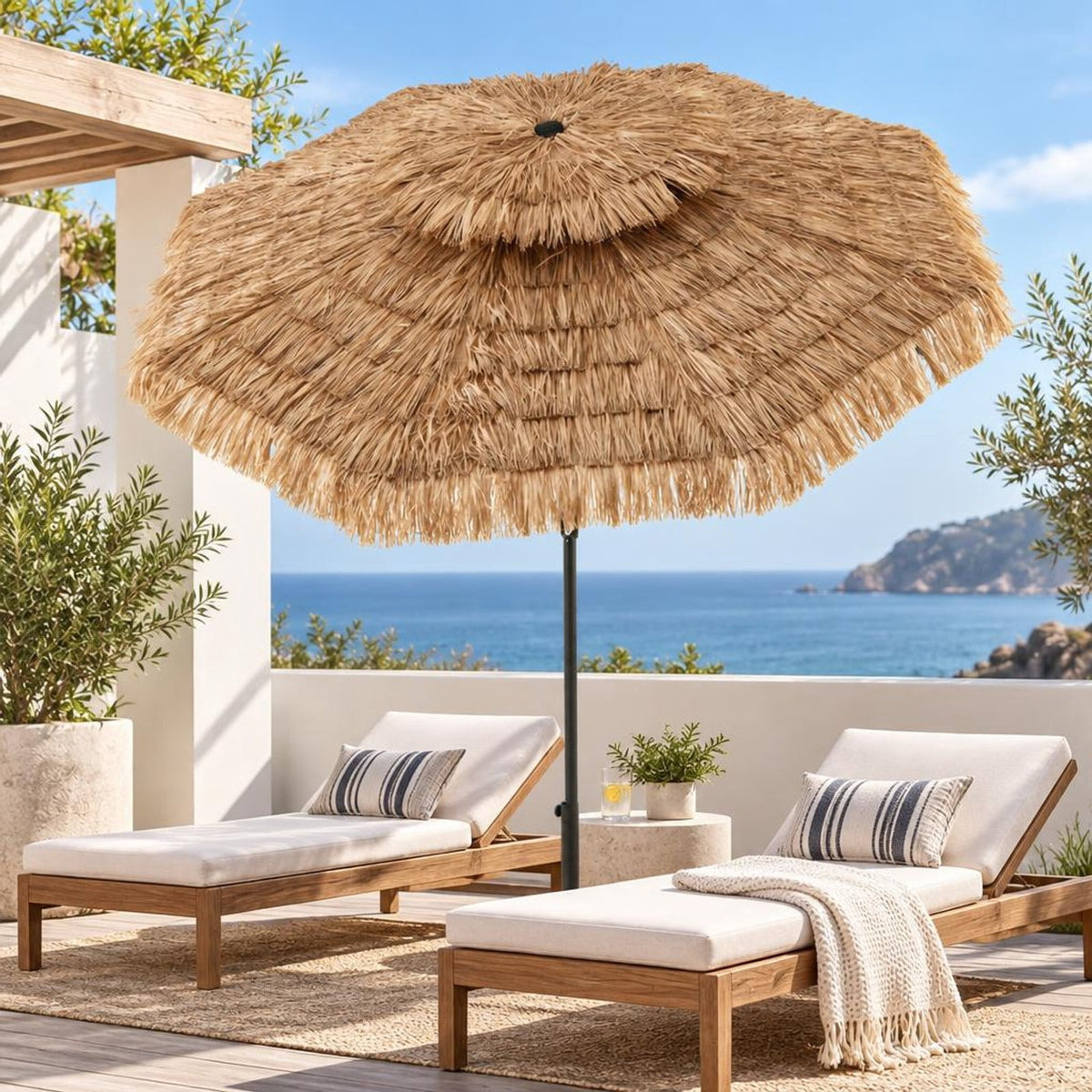 Airfind 9 Feet Thatched Tiki Umbrella with 8 Ribs, PE iron polyester fabric Frame, 9 x 9 x 8.3 (L x W x H) Tilt angle range: 0-30° Footprint