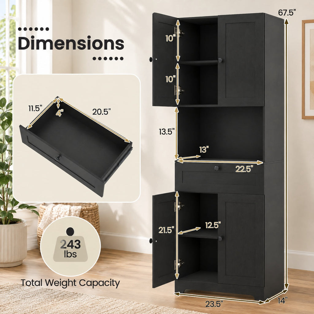 Airfind 67.5 Inch Tall Modern Freestanding Floor Storage Cabinet with 4 Doors and 1 Drawer, 243 lbs Capacity, MDF Engineered Wood Frame, Black