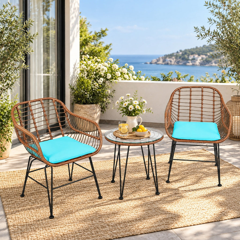 Airfind 3 Pieces Patio Rattan Bistro Set with Cushion, 170 lbs Capacity, Steel Rattan Sponge Polyester Frame, 22.5 Inch x 24 Inch x 31.5 Inch Footprint