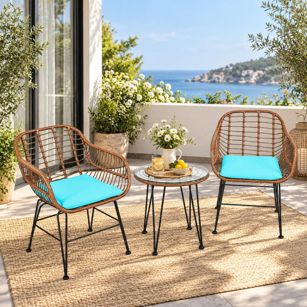 Airfind 3 Pieces Patio Rattan Bistro Set with Cushion, 170 lbs Capacity, Steel Rattan Sponge Polyester Frame, 22.5 Inch x 24 Inch x 31.5 Inch Footprint