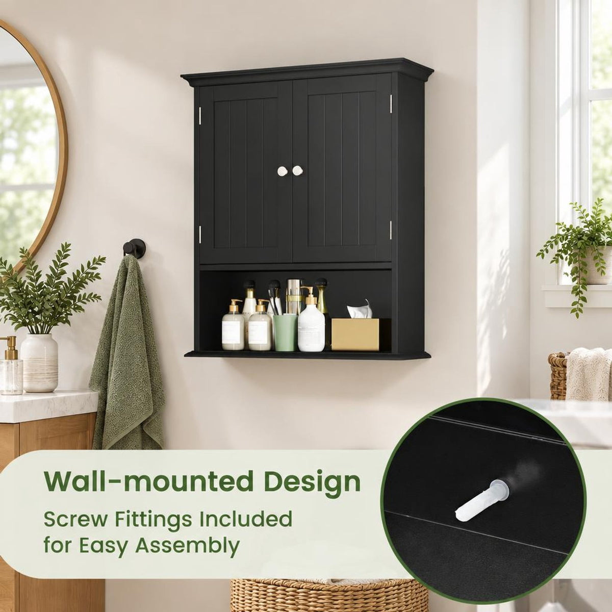 Airfind Wall Mount Bathroom Cabinet Storage Organizer with Doors and Shelves, MDF Metal for Convenient Everyday Use, Black