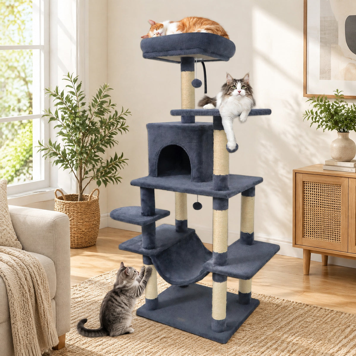 Airfind 58 Multi-Level Cat Tree Soft Plush Cat Tower with Padded Top Perch, PP Cotton Fabric Sisal Engineered Wood Overall Height 58 Base Frame