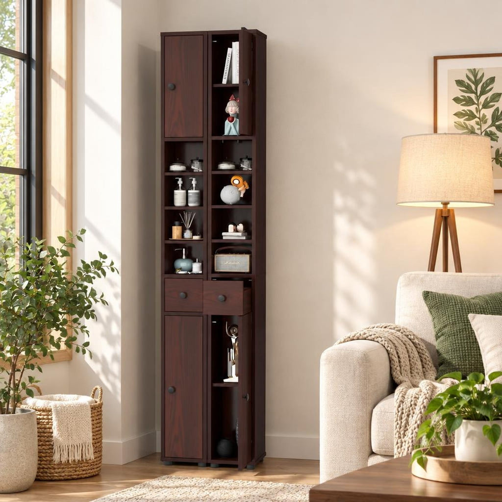 Airfind Freestanding Slim Bathroom Cabinet with Drawer and Adjustable Shelves, 110 lbs Capacity, MDF Frame, 8in x 8in x 71in Total Footprint, Brown