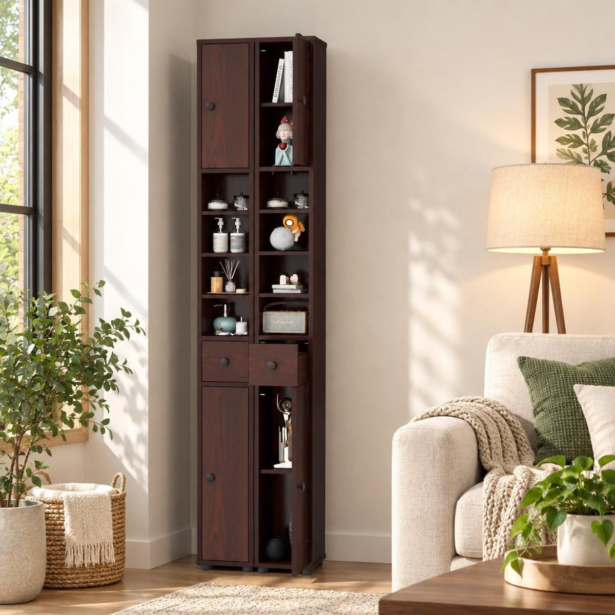 Airfind Freestanding Slim Bathroom Cabinet with Drawer and Adjustable Shelves, 110 lbs Capacity, MDF Frame, 8in x 8in x 71in Total Footprint, Brown