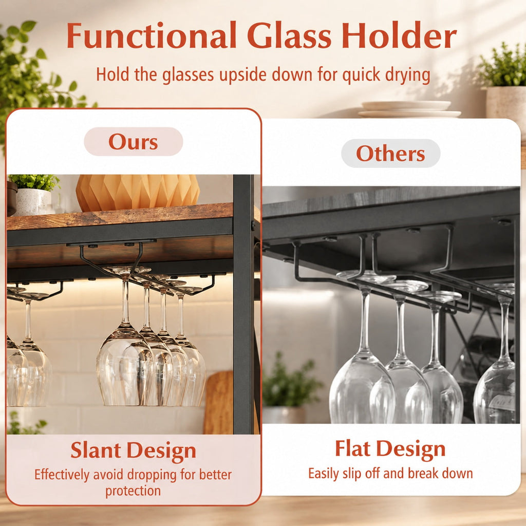 Airfind 21 Bottle Wine Rack Freestanding Floor Wine Bottle Organizer with Glass Holder, 44 lbs Capacity, Metal Engineered Wood Frame, Brown