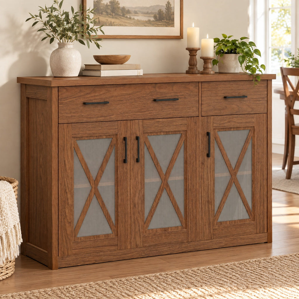 Airfind Farmhouse Buffet Sideboard 3-Door Kitchen Storage Cabinet featuring 2 Drawers, Top 132 lbs Total Capacity, Engineered Wood PC Frame, Brown
