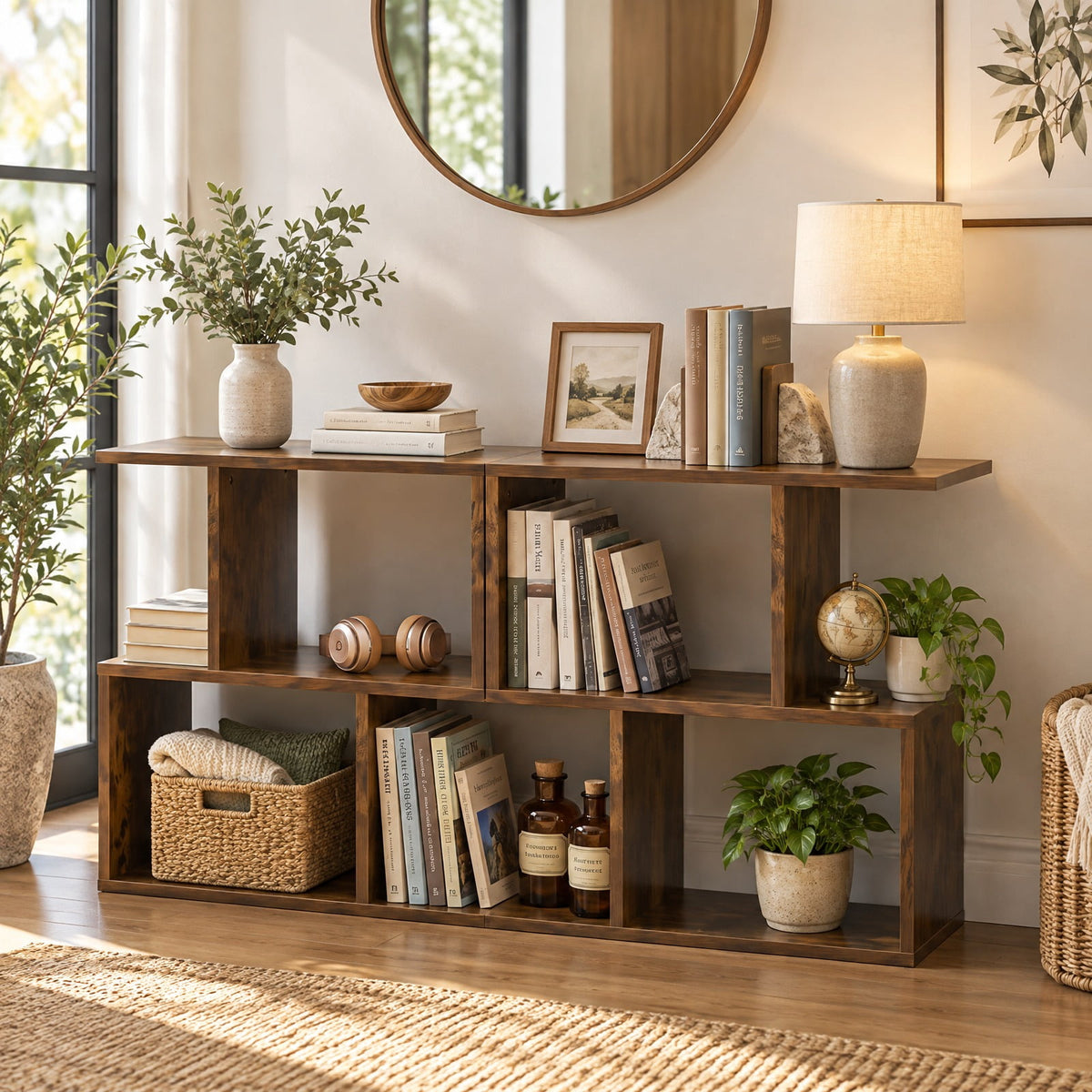 Airfind 24 Inch 3-Tier Geometric Bookshelf with Thick Foot Pads, 44 lbs Capacity, Engineered Wood PVC Frame, 19.5in x 7in x 22in Footprint, Brown