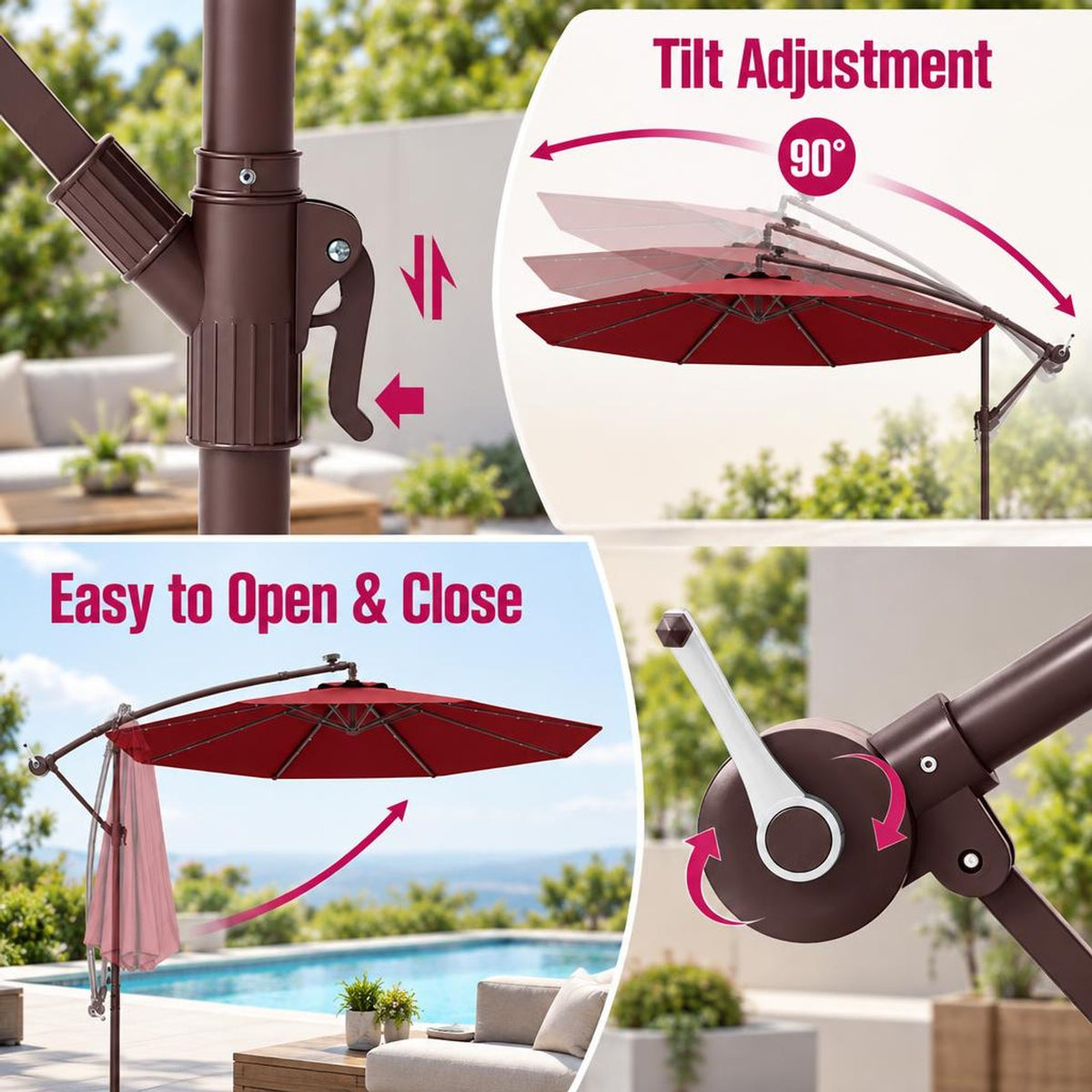Airfind 10 Ft Patio Umbrella Offset Cantilever Umbrella with 40 Solar Powered Lights, Polyester Fabric Metal Oxford Fabric Frame, Red