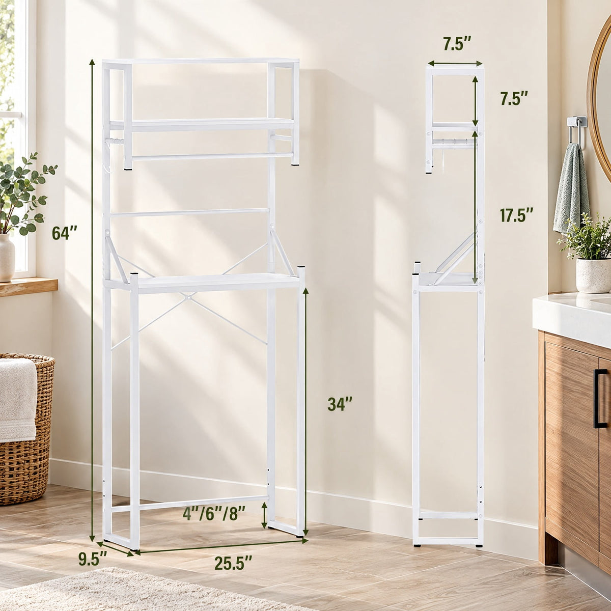 Airfind Over the Toilet Storage Rack 3-Tier Over Toilet Bathroom Organizer with Towel Holder, 110 lbs Capacity, Metal Engineered Wood Frame, White