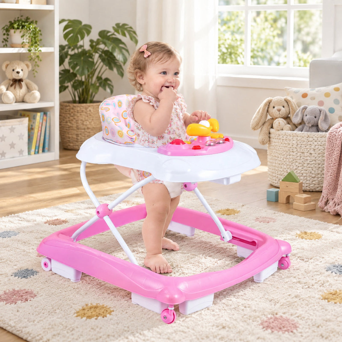 Airfind Foldable Baby Walker with 3 Adjustable Heights and Padded Seat, 26.5 lbs Capacity, PP Frame, for 7-14 months, Pink
