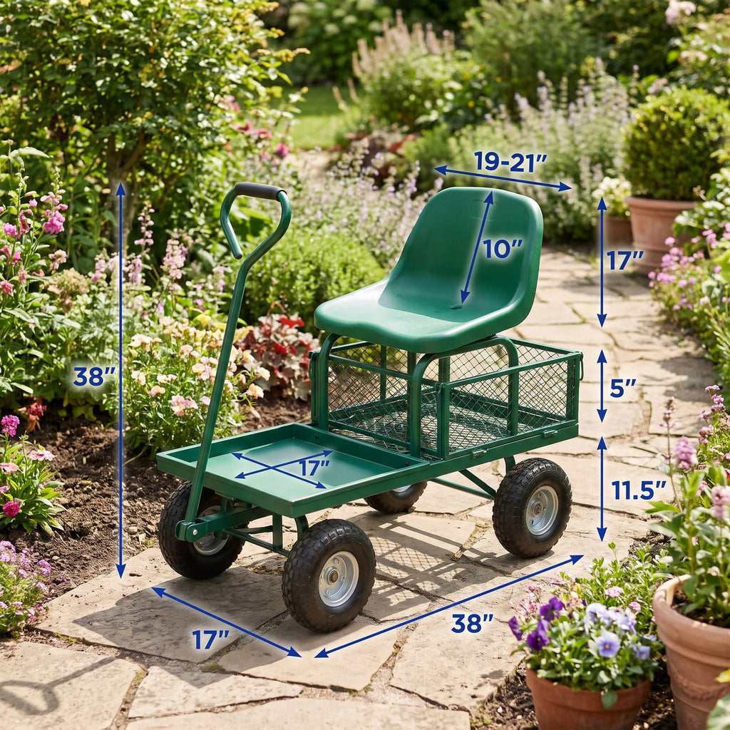 Airfind Heavy Duty Garden Cart with Tool Tray and 360 Swivel Seat, 330 lbs Capacity, Steel Rubber Plastic Frame, 38 x 17 x Footprint, Green