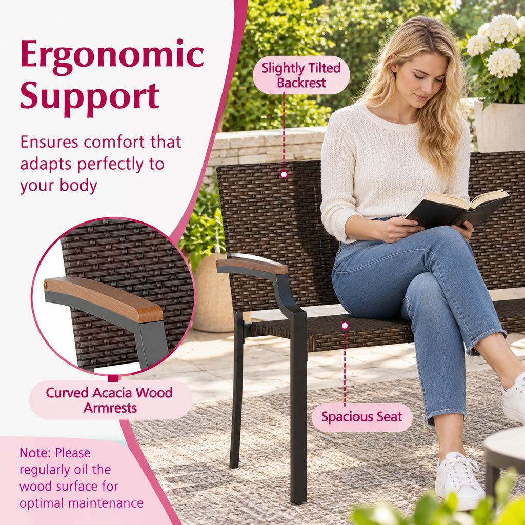 AIRFIND Patio Wicker Loveseat with Acacia Wood Armrests, Woven PE Rattan Seat, Metal Frame and Adjustable Front Feet, Mix Brown