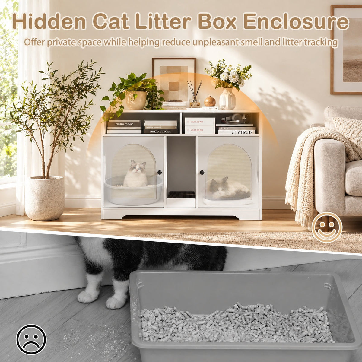 Airfind 43 Inches Cat Litter Box Enclosure with Storage and Double Rooms, Engineered Board Frame, 43in x 20in x 29in Footprint, White