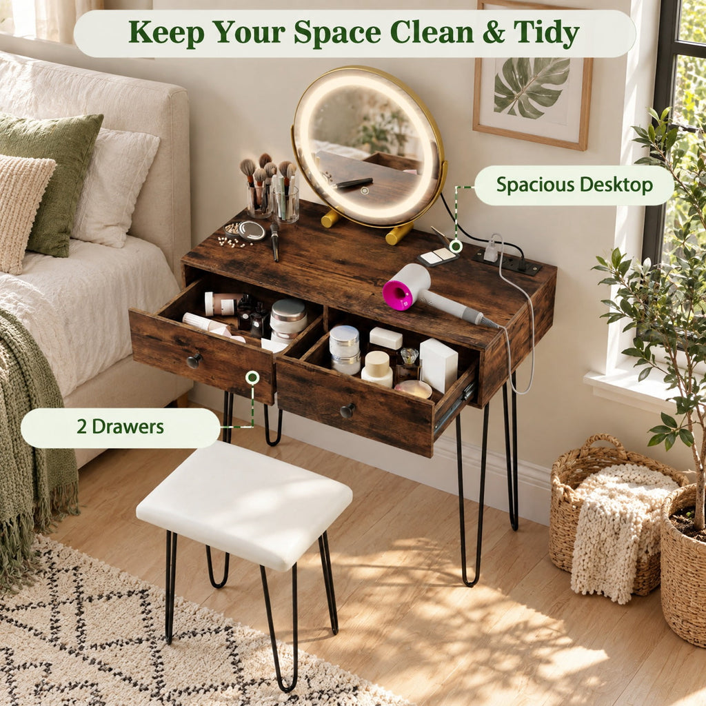 Airfind Vanity Desk with with Lighted Adjustable Mirror for Bedroom, 66 lbs Capacity, MDF Frame, 31.5 Inch x 16 Inch x 30 Inch Footprint, Brown