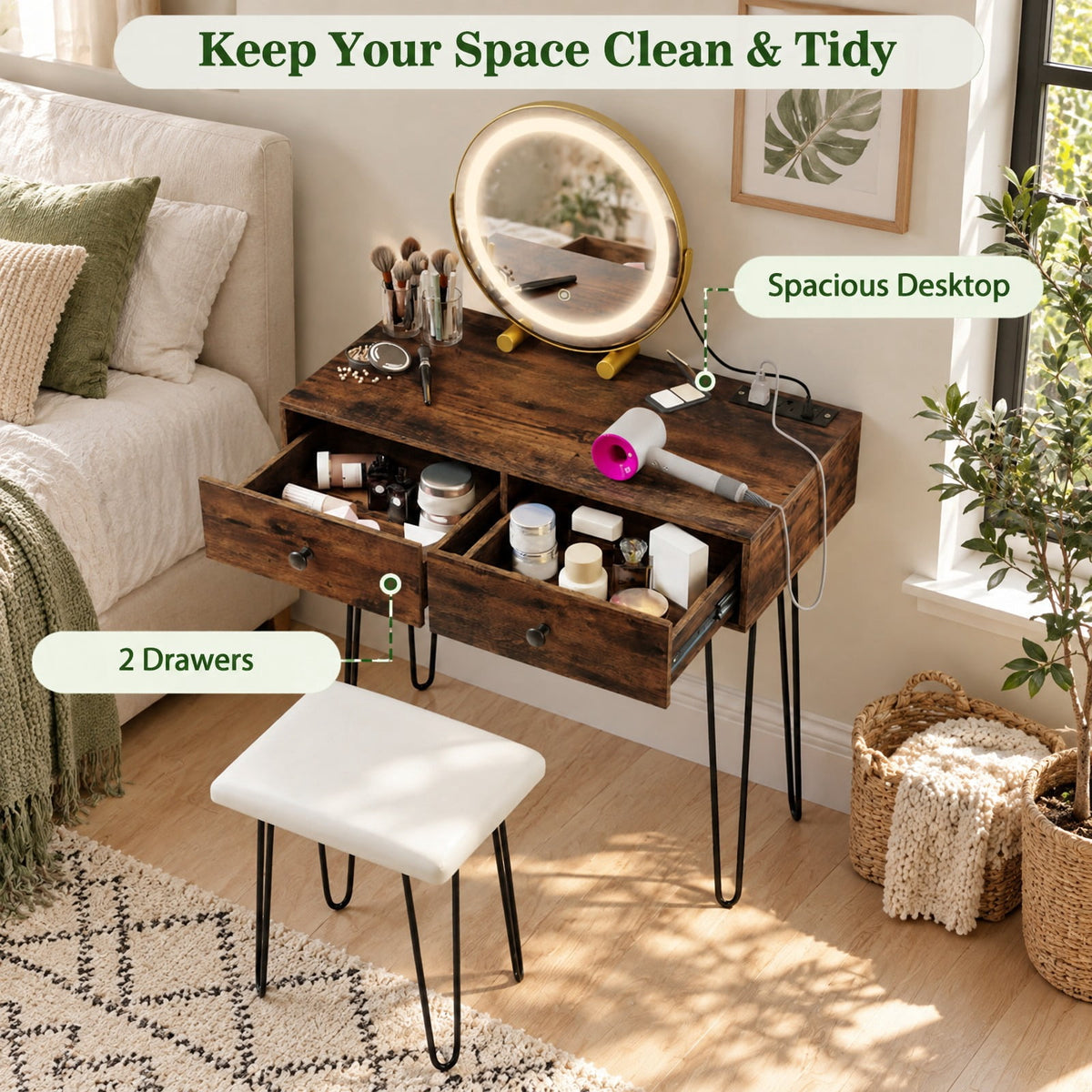 Airfind Vanity Desk with with Lighted Adjustable Mirror for Bedroom, 66 lbs Capacity, MDF Frame, 31.5 Inch x 16 Inch x 30 Inch Footprint, Brown