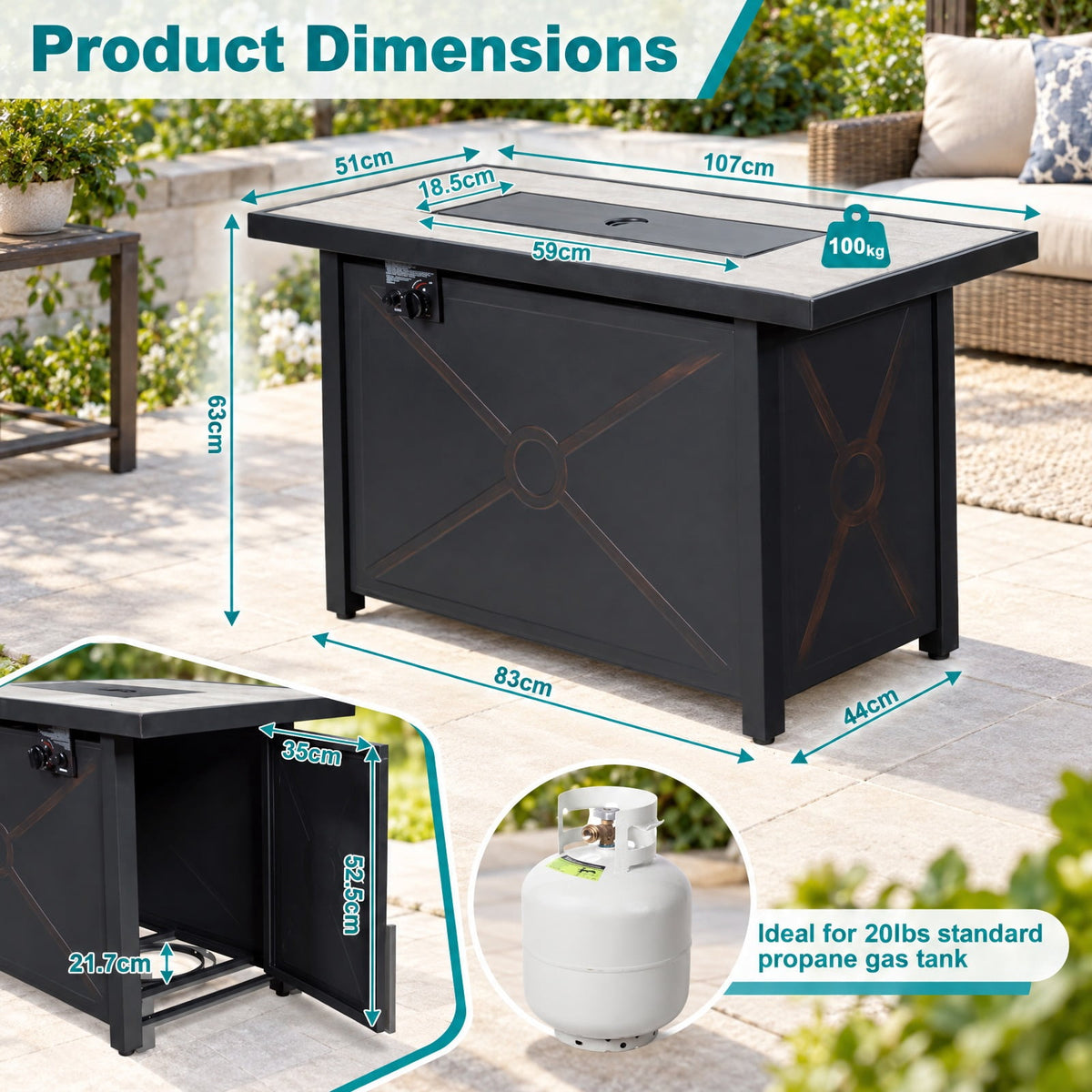 Airfind 42 Inch 60000 BTU Propane Fire Pit Table with Ceramic Tabletop, Steel Frame, 42 x 20 x 25 Footprint, Black