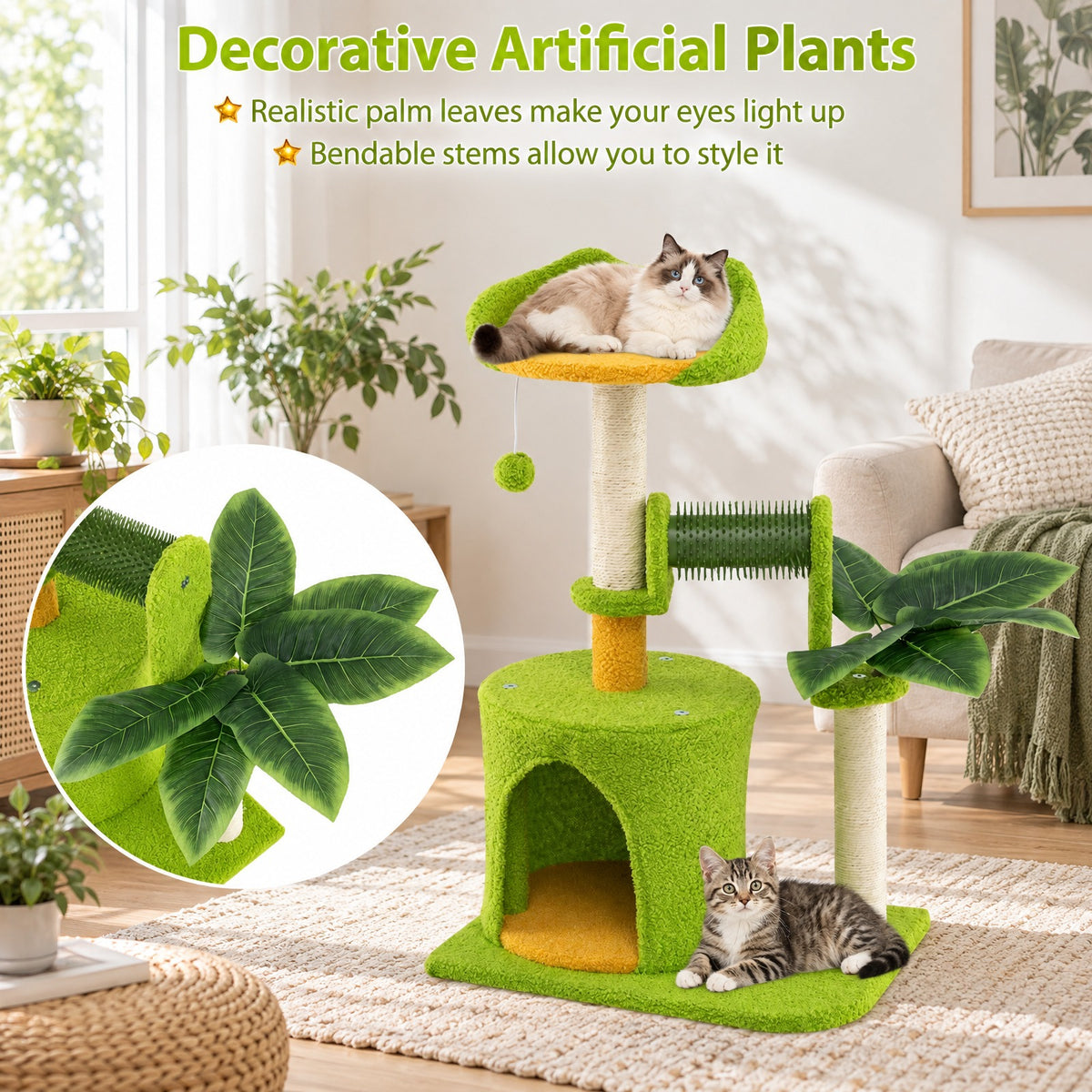 Airfind Cute Palm Cat Tree, for Indoor Cats with Artificial Leaves, Engineered Wood EVA Sisal Teddy Fleece Frame, 19 Inch x 13 Inch x 31 Inch Perch, Green