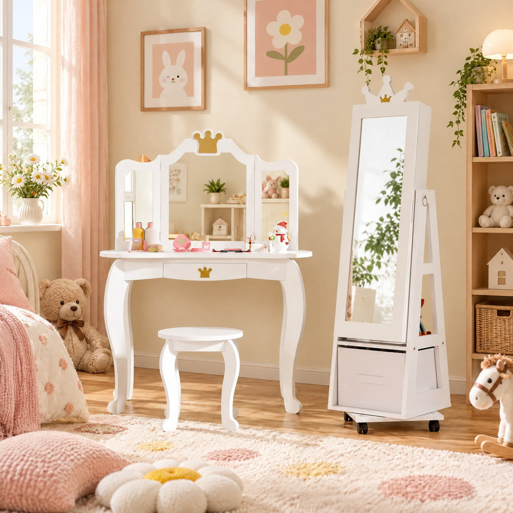 Airfind Kids Jewelry Armoire Cabinet with Swivel Base and Lockable Universal Wheels, 12.5 x 12 x 47Net Weight 19.5 lbsBox Qty1 Footprint