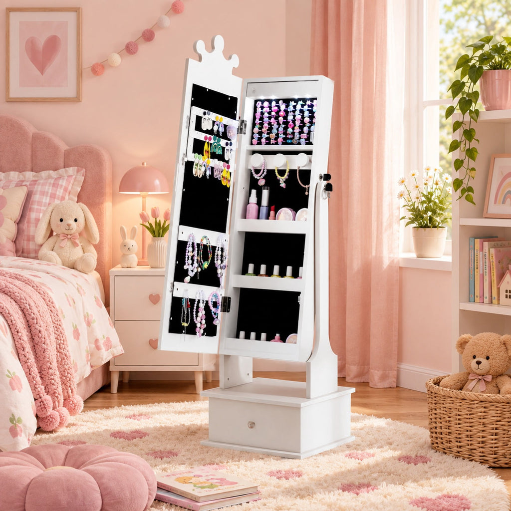Airfind Youth Jewelry Armoire with 3-Color Lighted Full Length Mirror and Inside Led Lights, MDF Glass, 13.5 Inch X 12 Inch X 45 Inch Full-length, White