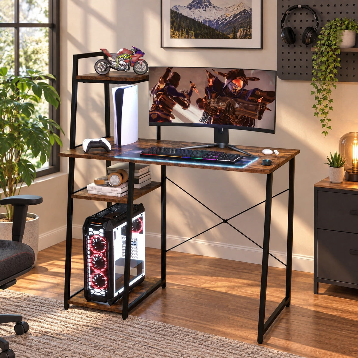 Airfind Computer Desk with Shelves and 3-Tier Storage Bookshelf, Metal Engineered Wood Frame, 39.5 x 20 x 47.5 Footprint, Brown