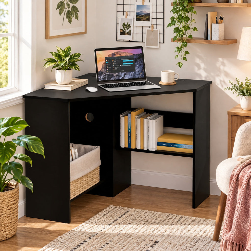 Airfind Corner Computer Desk Triangle Writing Workstation with Storage Shelf, 200 lbs Capacity, E0 engineered wood Frame, Black