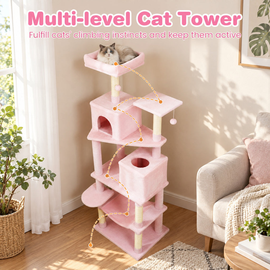 Airfind Multi-level Cat Tree Modern Cat Tower with Upholstered Perch and 2 Cat Condo, 24 x 18.5 Footprint, Pink