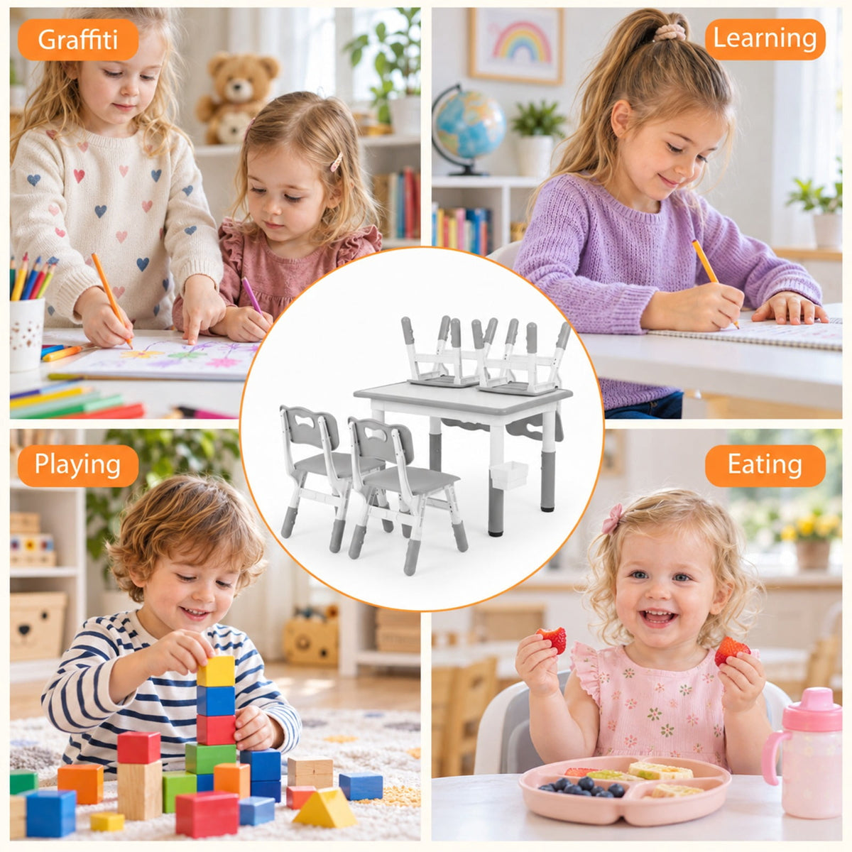 Airfind Height Adjustable Kids Table and 4 Chairs Set with Graffiti Desktop and 2 Storage Baskets, 220 lbs Capacity, Engineered Wood PP Frame, Gray
