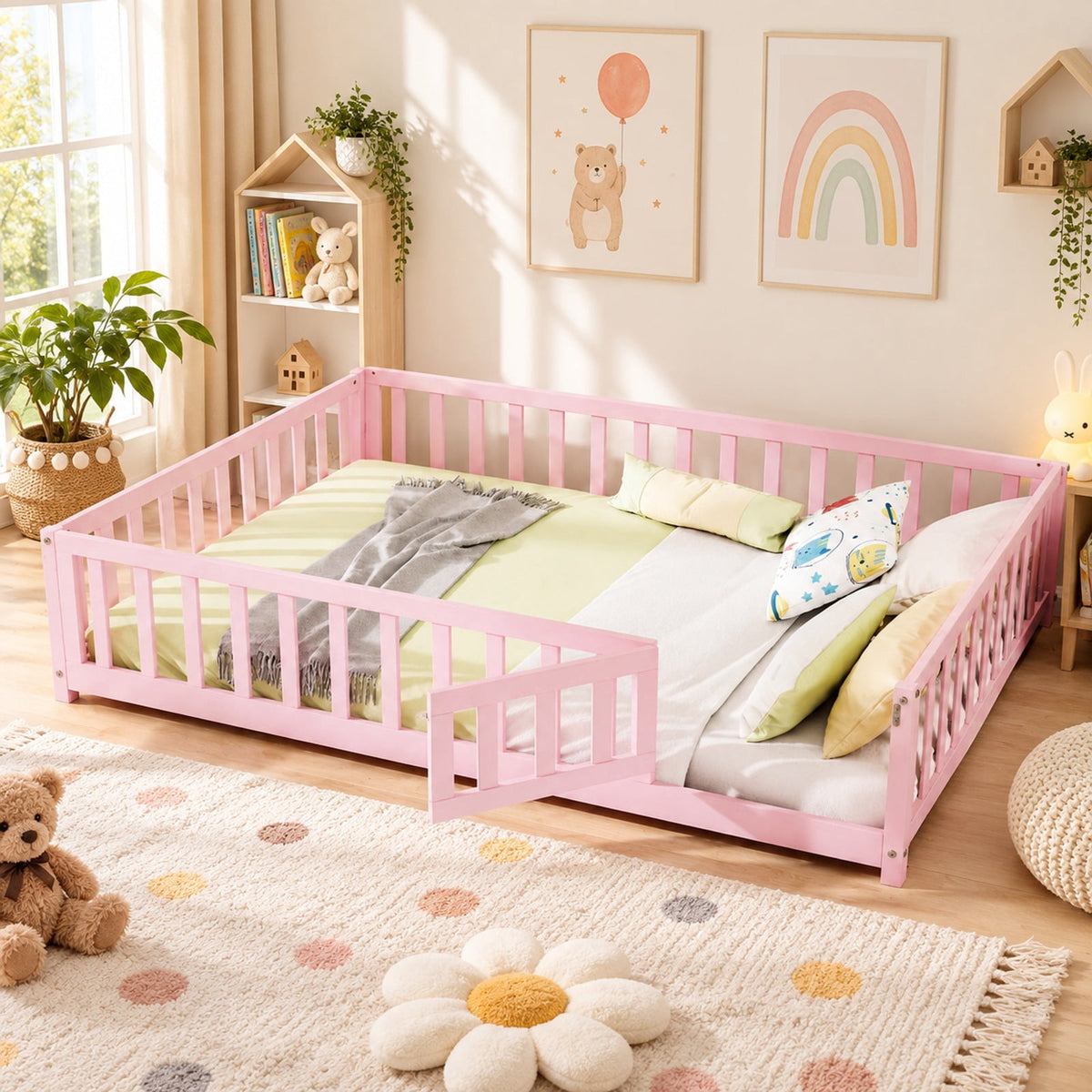 Airfind Montessori Bed Frame with Full-length Guardrails Safety Door and Latch, 330 lbs Capacity, Pine Wood Plywood Frame, Pink