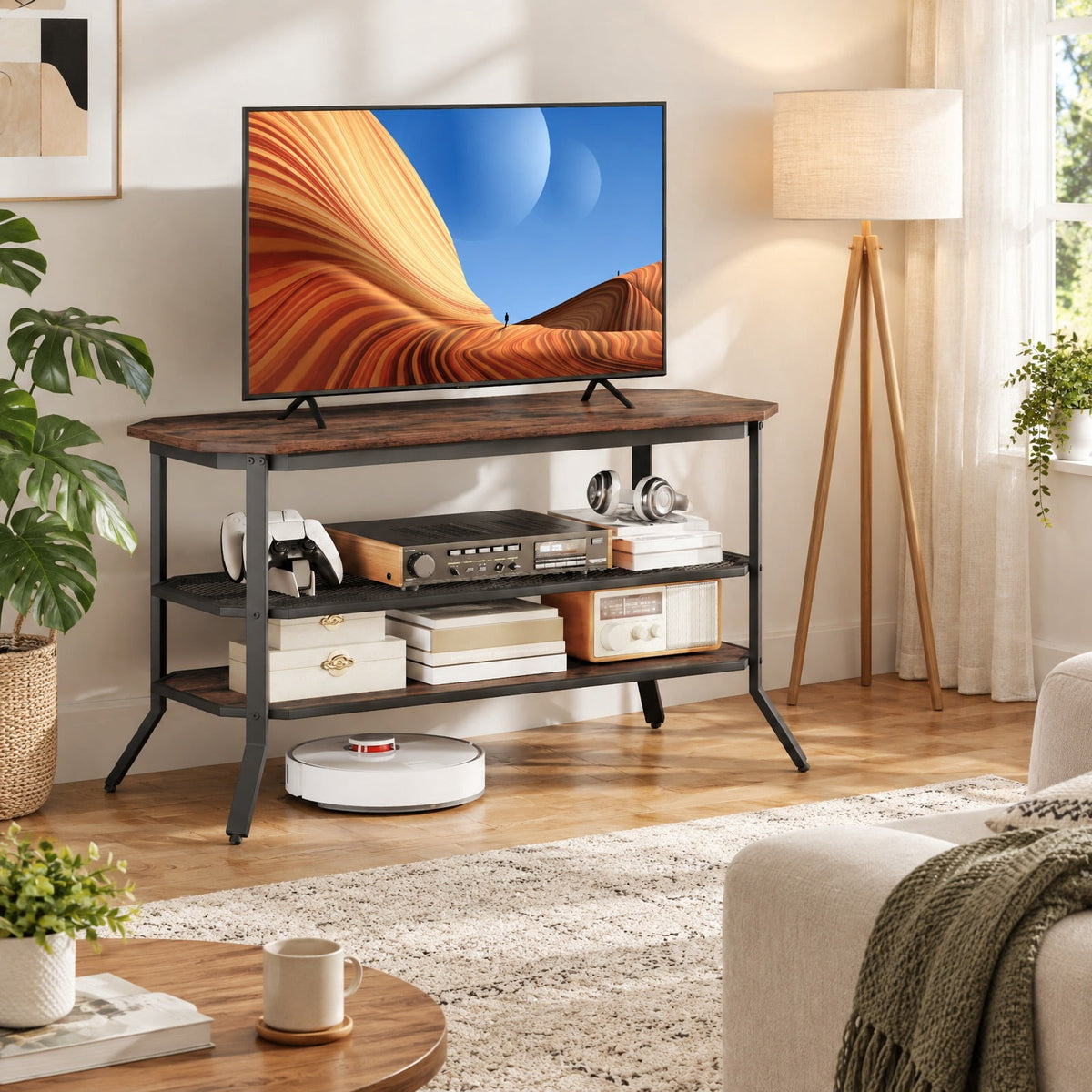 Airfind 3-tier Console Table TV Stand with Mesh Storage Shelf, 200 lbs Capacity, Engineered Wood Metal Frame, Brown