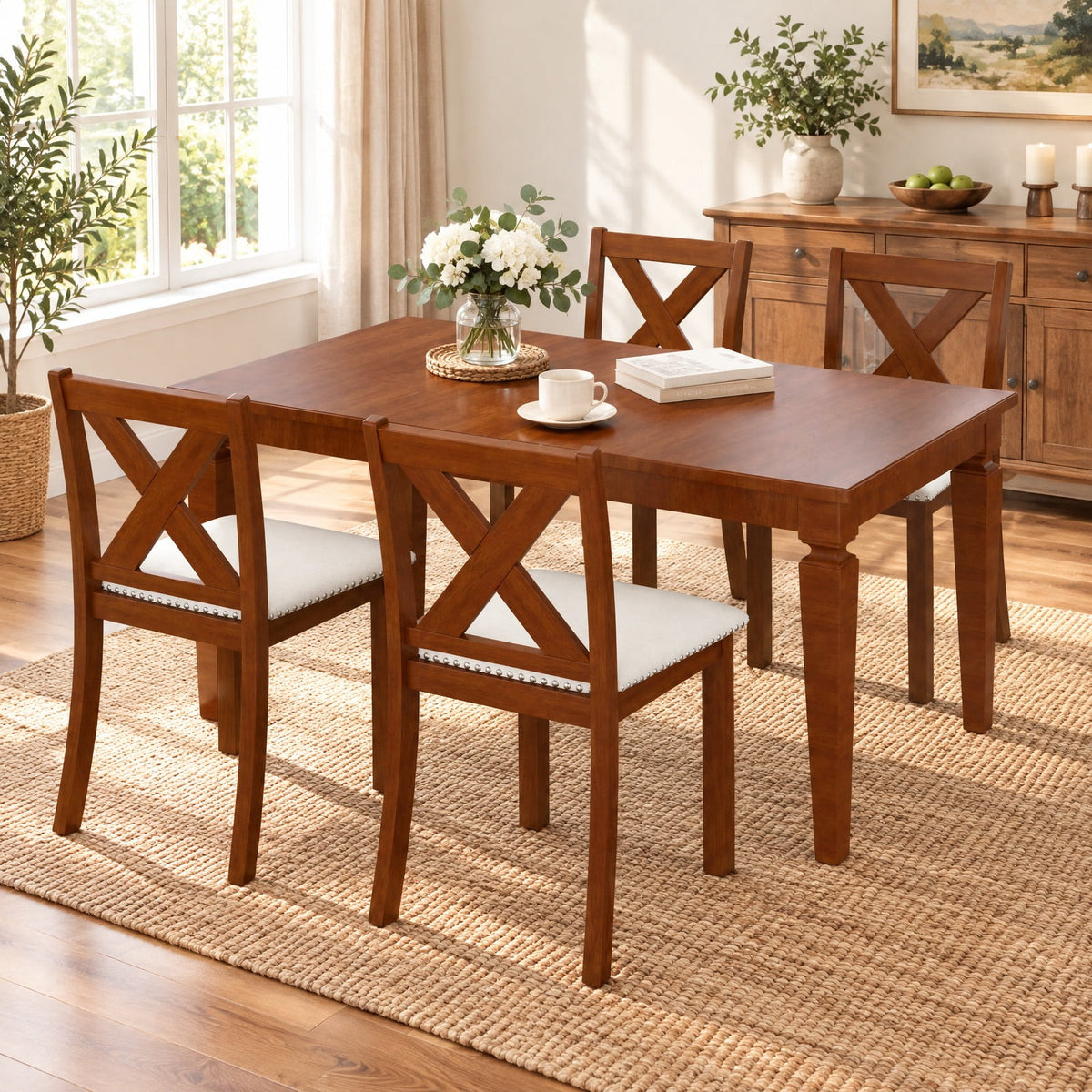 Airfind Wooden Dining Chair Set of 2 with Padded Seat and Curved Back, 420 lbs Capacity, Acacia Wood Plywood Linen Fabric Sponge Frame, Beige