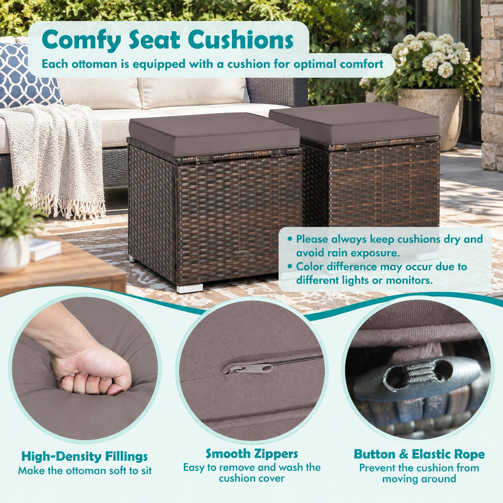 Airfind 2 Pieces Patio Ottoman with Removable Cushions, 350 lbs Capacity, Metal PE Rattan Sponge Polyester Frame, 16 x 16 x 15.5 Footprint, Gray