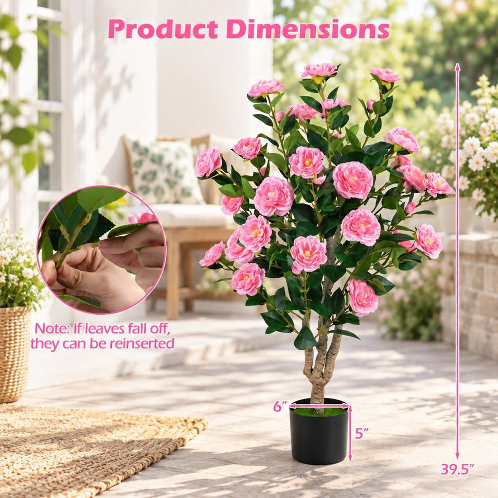 Airfind Set of 2 39.5 Artificial Camellia Tree with Orange Blossoms in Cement Pot for Decoration, Pink