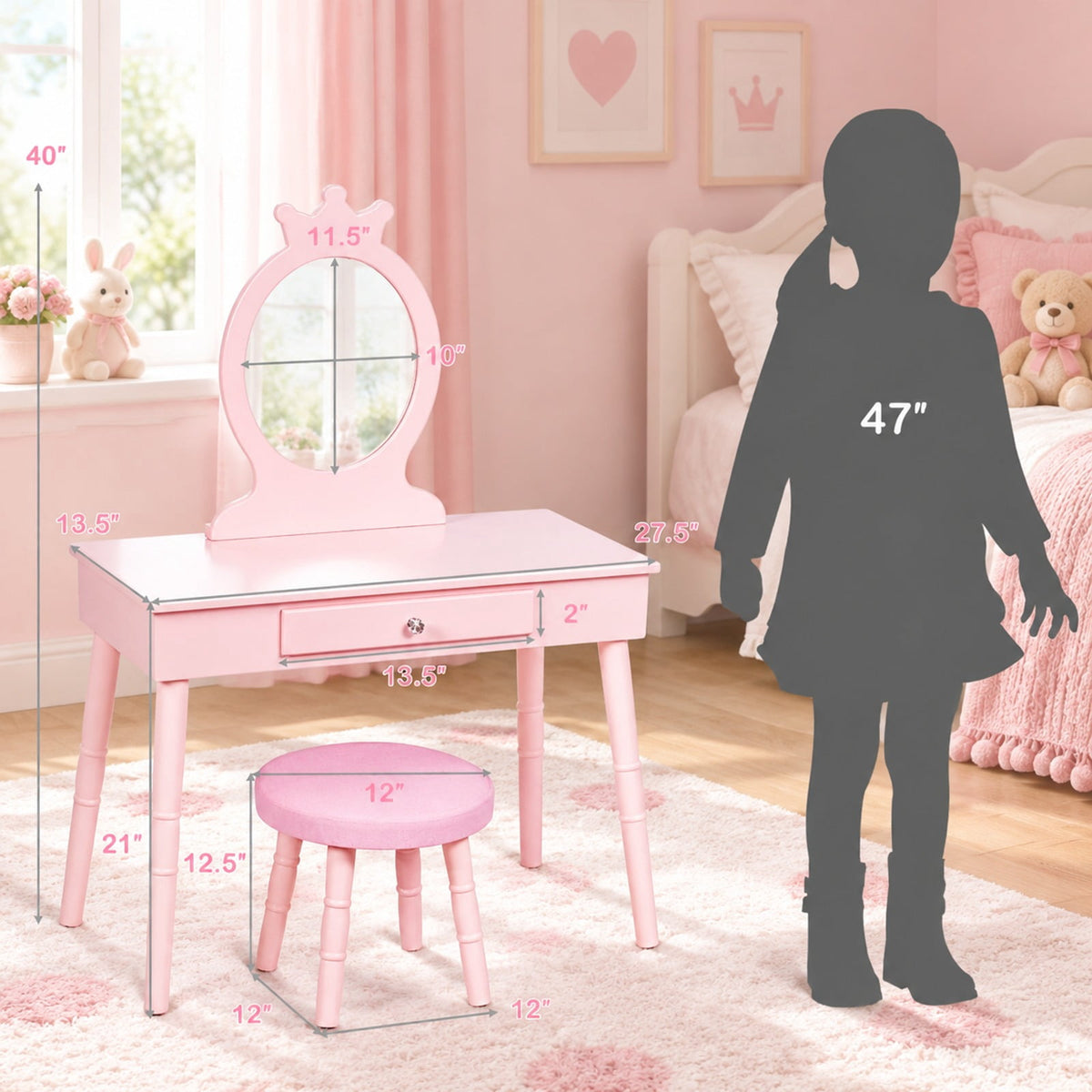 Airfind Kids Vanity Makeup Table and Chair Set Make Up Stool, 33 lbs Capacity, MDF pine wood Frame, 27.5 Inch x 13.5 Inch x 40 Inch Footprint, Pink