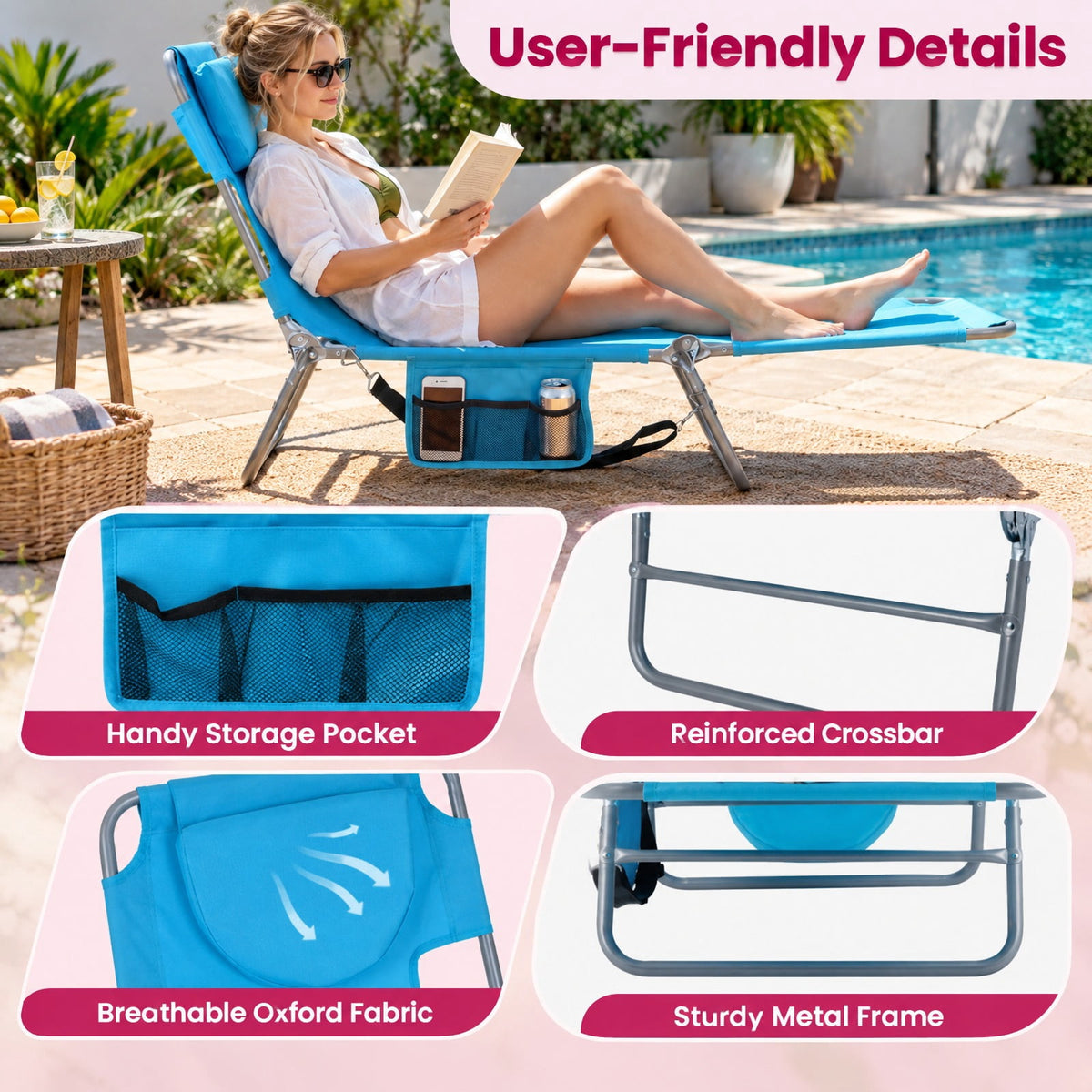 Airfind Folding Beach Lounge Chair with Adjustable Backrest for Lawn, 330 lbs Capacity, Metal Oxford Fabric Polyester Sponge Frame