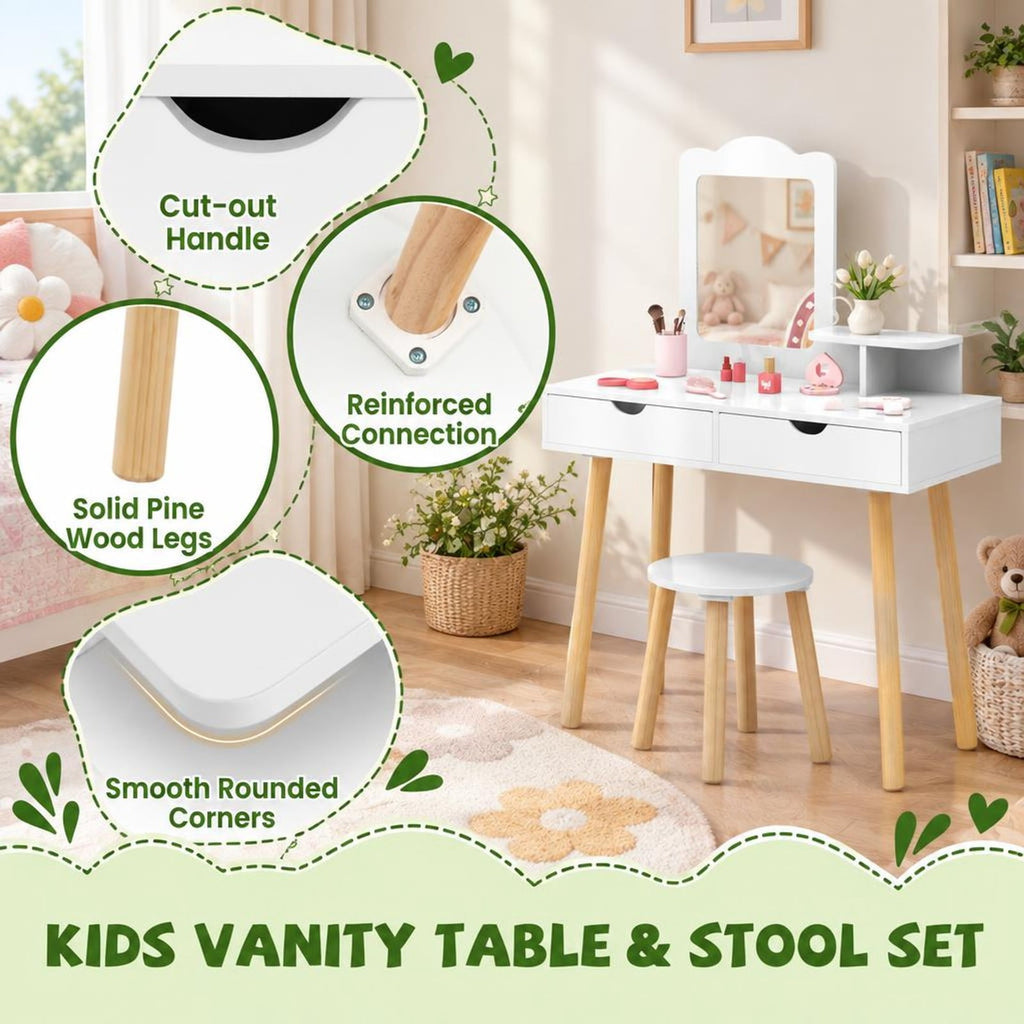 Airfind Kid Vanity Table Chair Set with Mirror and 2 Large Storage Drawers, 44 lbs Capacity, Pine wood MDF Frame, 28in x 13in x 39in Footprint, White
