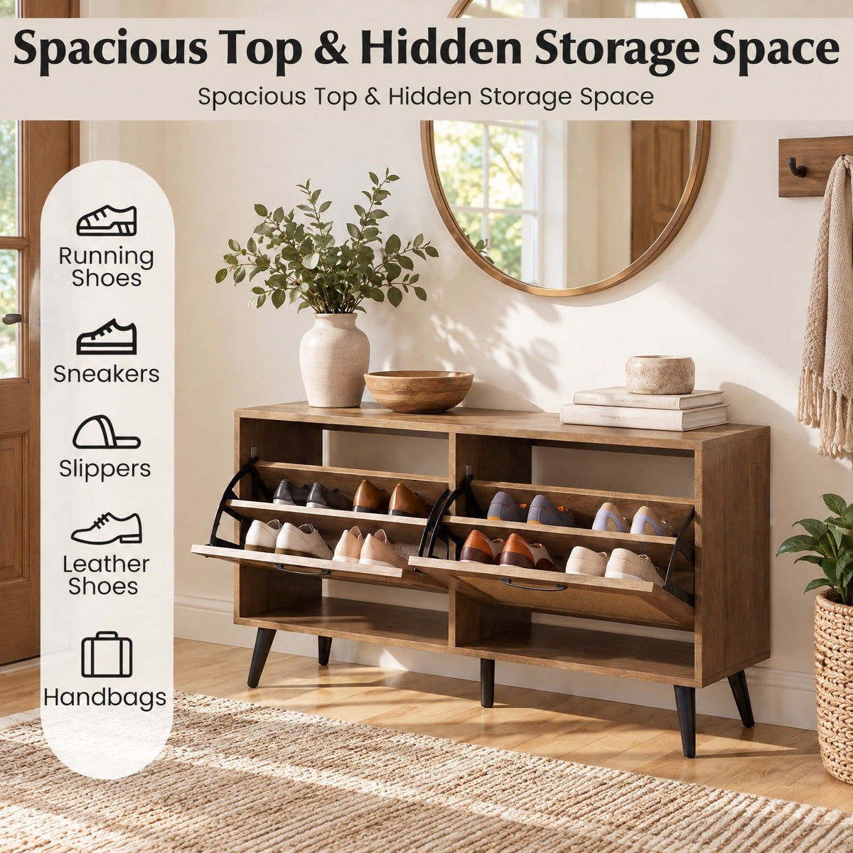 Airfind Modern Freestanding Shoe Cabinet with 2 Flip Drawers and Adjustable Shelves for Entryway, 110 lbs Capacity, Engineered Wood Metal Frame