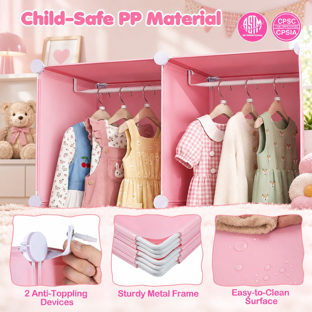 Airfind Modular Baby Wardrobe with 10 Cubes Hanging Rod and Shelves Stackable, 6.5 lbs Capacity, PP Frame, 43 x 14 x 57 Footprint, Pink