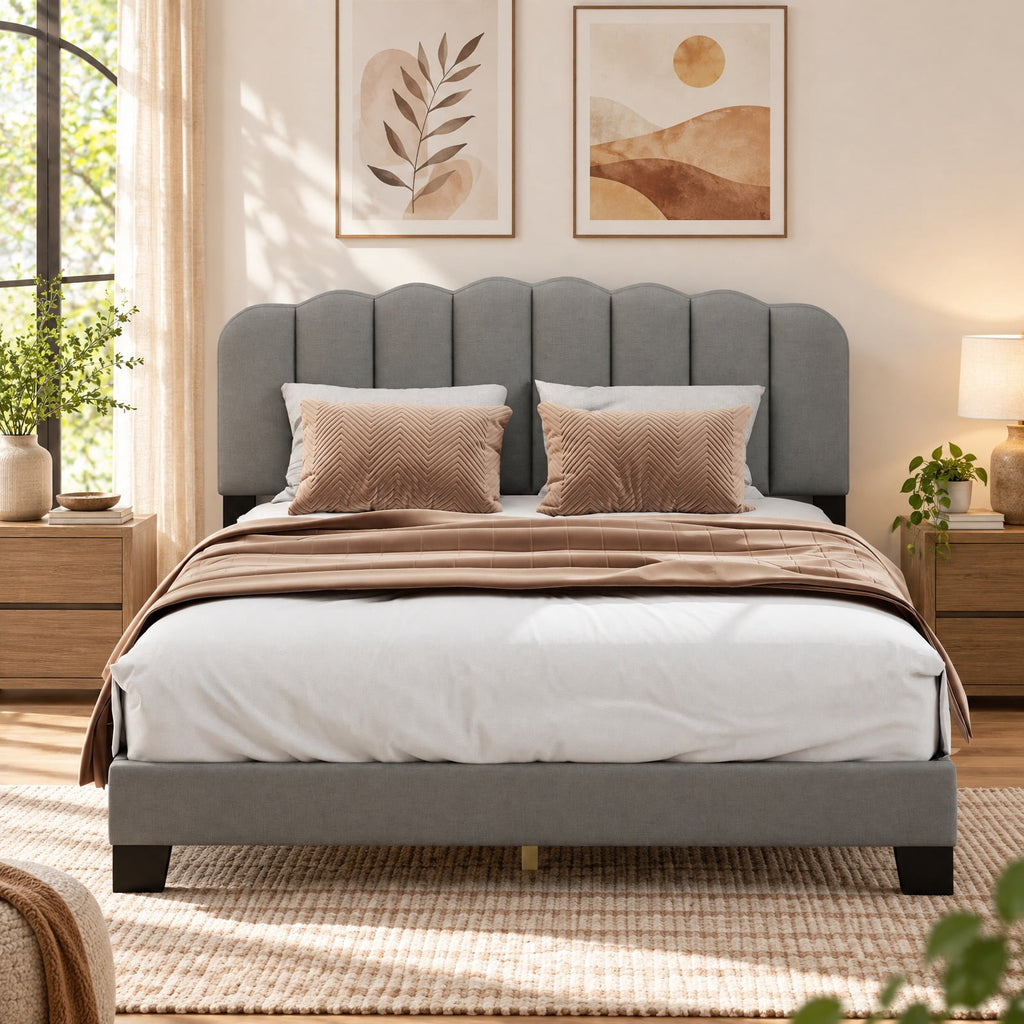 Airfind Queen Size Bed Frame with Adjustable Scalloped Tufted Headboard, 770 lbs Capacity, 84 x 61.5 x 40-44 Footprint, Gray + Black