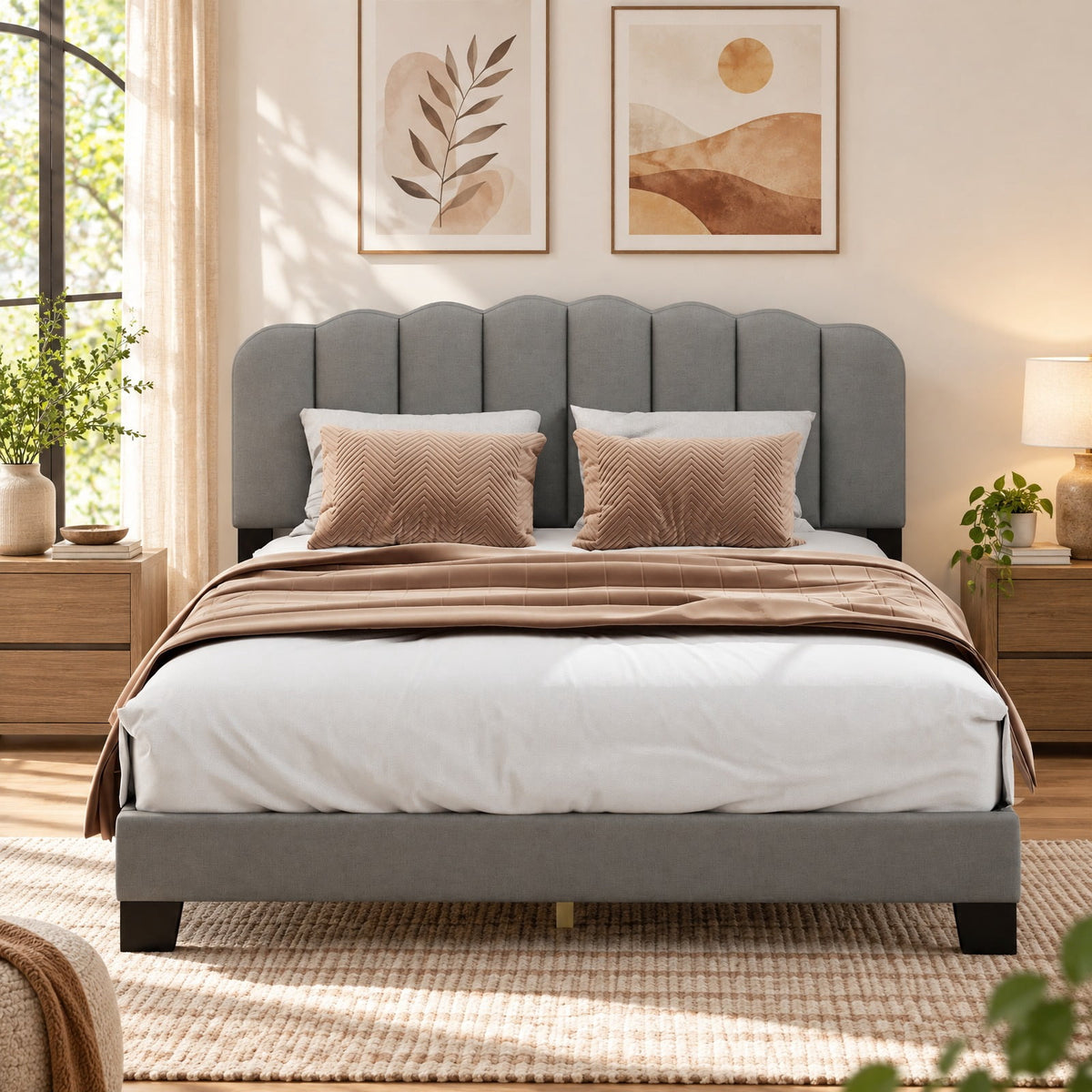 Airfind Queen Size Bed Frame with Adjustable Scalloped Tufted Headboard, 770 lbs Capacity, 84 x 61.5 x 40-44 Footprint, Gray + Black
