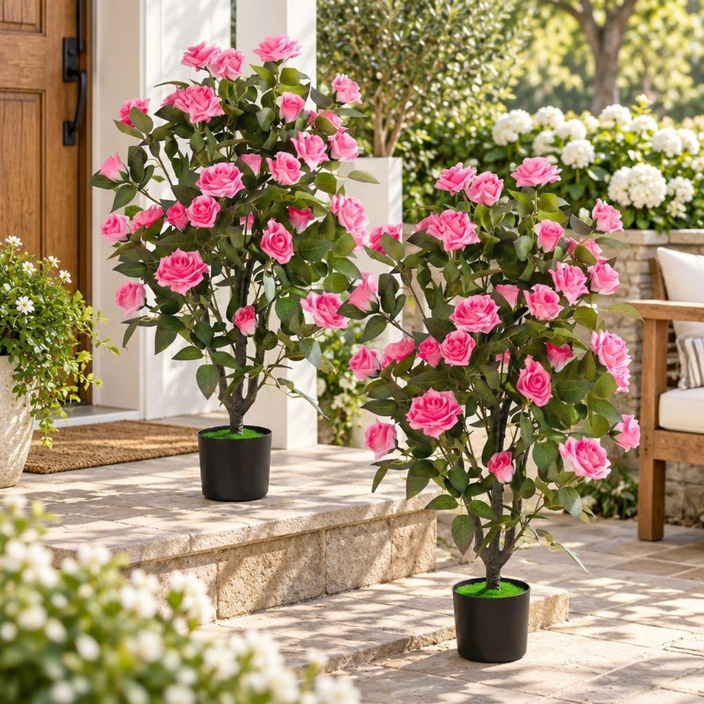 Airfind Set of 2 Artificial Rose Tree with Blooming Flowers and Green Leaves for Indoor, Silk Fabric Rubberized Fabric PE PP Tree Height 35.5 Frame