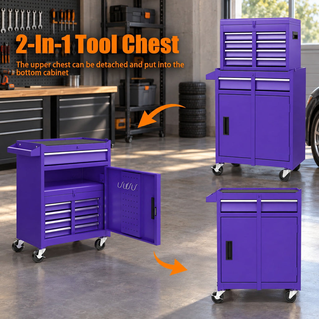 Airfind 2-in-1 Rolling Tool Chest with 5 Sliding Lockable Drawers, 220.5 lbs Capacity, Steel rubber-plastic synthetic Frame, Purple