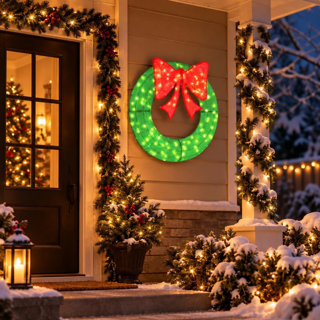 Airfind 48 Inch Pre-Lit Lighted Christmas Mesh Wreath with Bow and 200 LED Bulbs, Metal Mesh Fabric Frame, 29 x 30 Footprint, Green