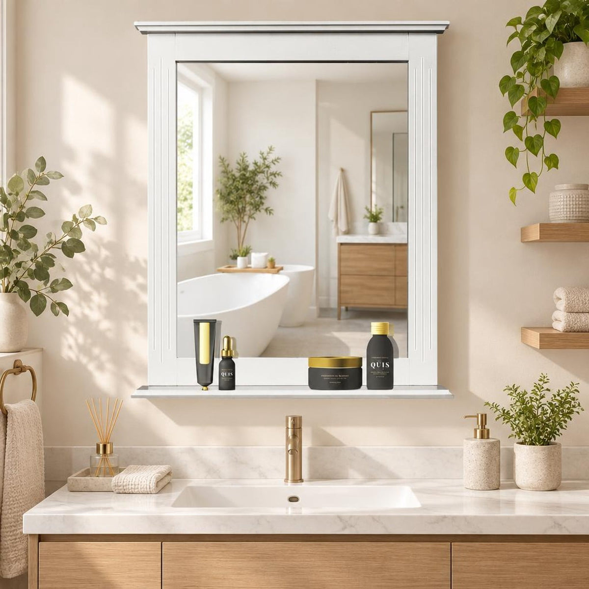 Airfind Wall-Mounted Multipurpose Vanity Mirror with Shelf, MDF Frame, 22.5 x 5 x 27 Footprint, White