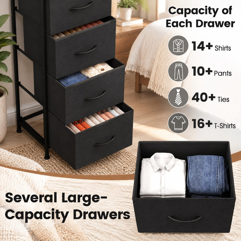 Airfind Dresser Nightstand with 5 Roomy Fabric Drawers for Bedroom, 130 lbs Capacity, Metal Engineered Wood Non-Woven Fabric Frame, Black