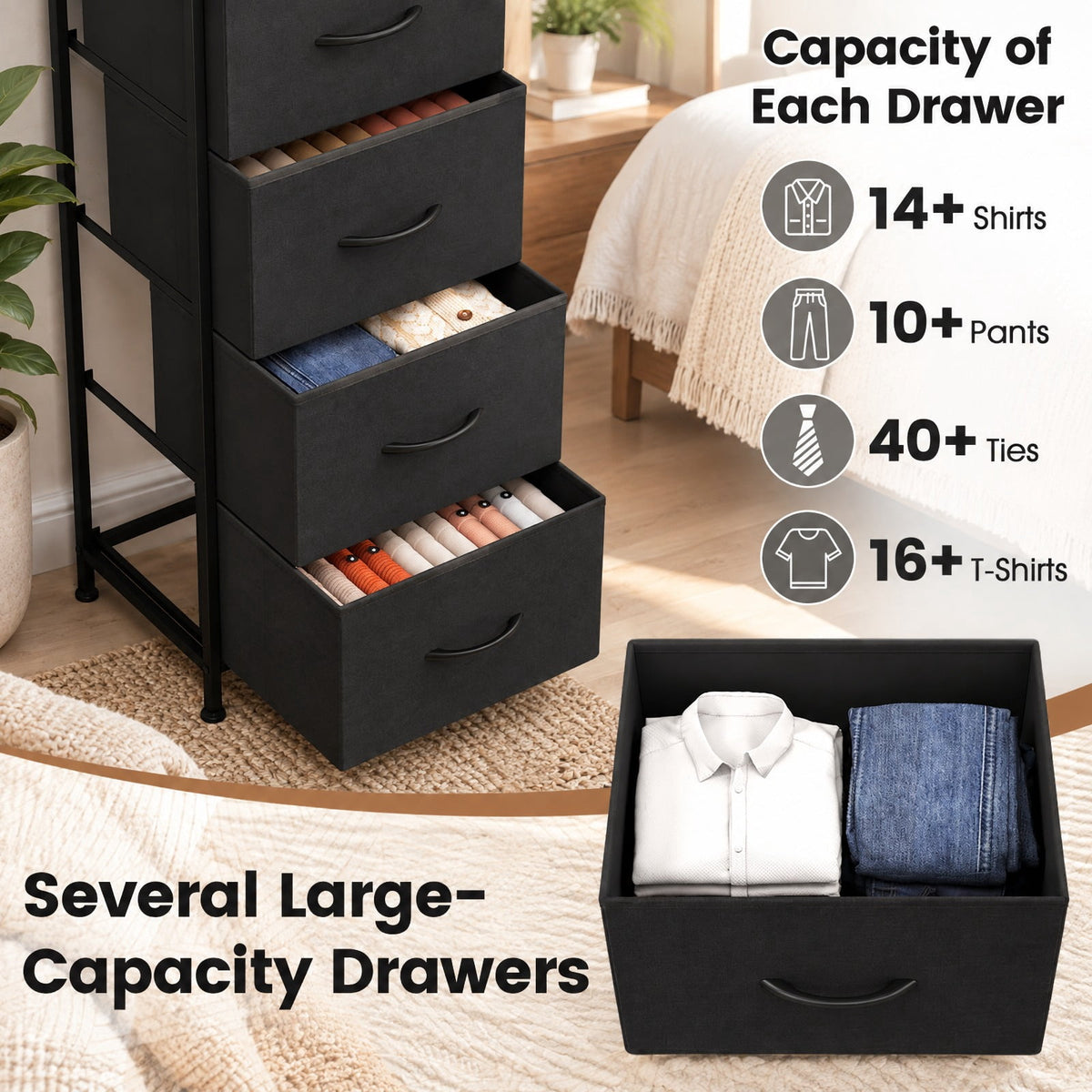 Airfind Dresser Nightstand with 5 Roomy Fabric Drawers for Bedroom, 130 lbs Capacity, Metal Engineered Wood Non-Woven Fabric Frame, Black