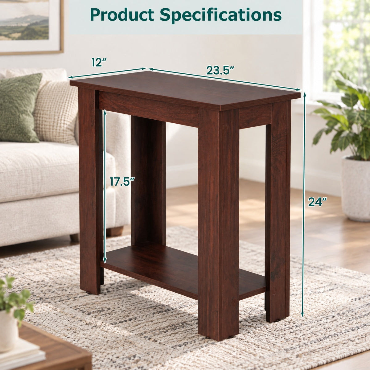 Airfind 2-Tier Modern Compact End Table with Storage Shelf, 110 lbs Capacity, Engineered Wood Frame, 23.5 x 12 x 24 Footprint, Brown