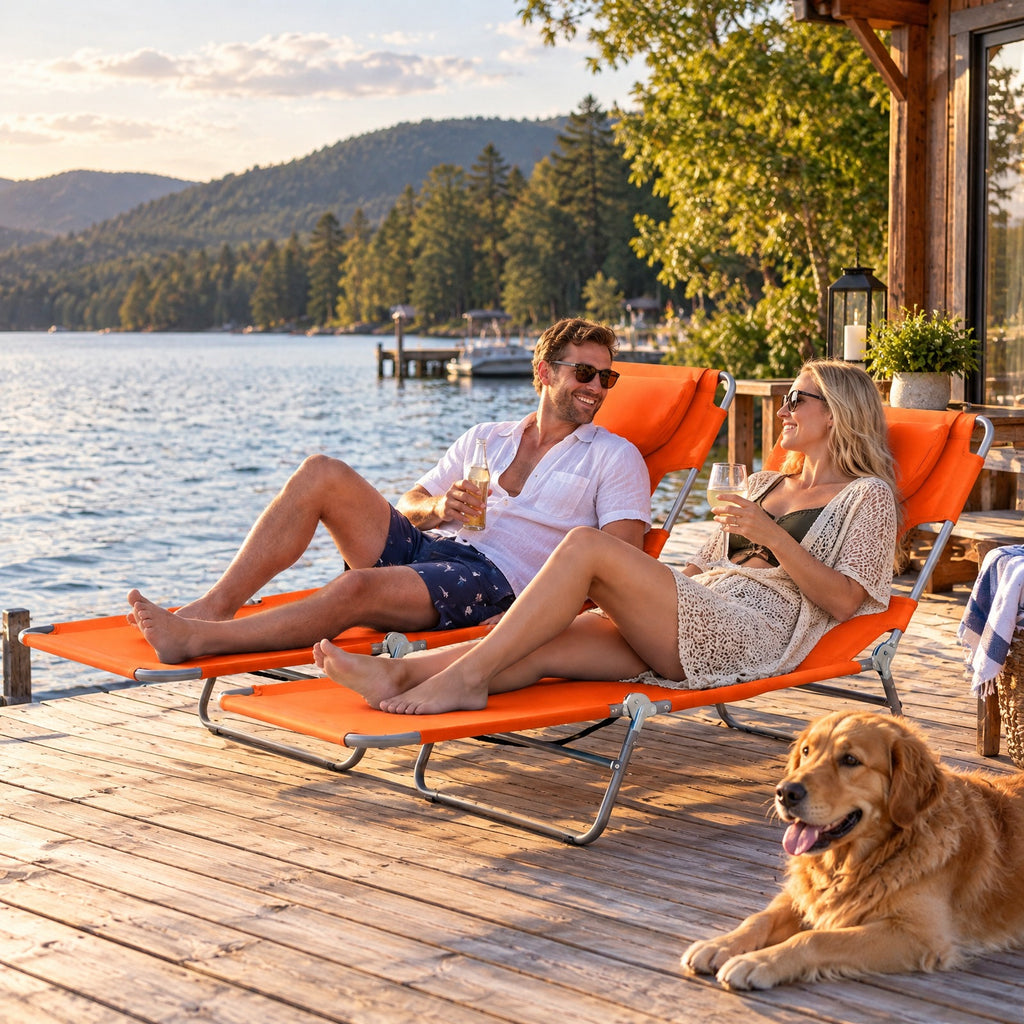 Airfind Folding Beach Lounge Chair with Adjustable Backrest for Lawn, 330 lbs Capacity, Metal Oxford Fabric Polyester Sponge Frame, Orange
