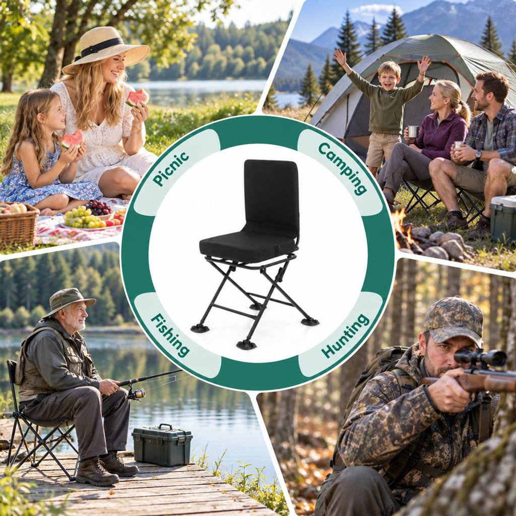 Airfind Swivel Folding Chair with Backrest and Padded Cushion, Sponge Steel Oxford Fabric PVC Frame, 19 Inch x 22 Inch x 35 Inch Footprint, Black